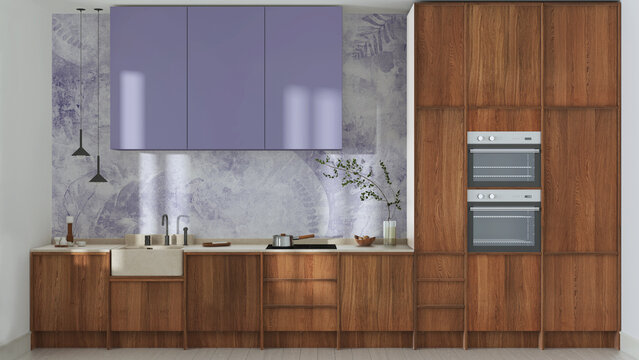 Japandi trendy wooden kitchen in white and purple tones. Wooden cabinets, contemporary wallpaper and marble top. Front view, minimalist interior design