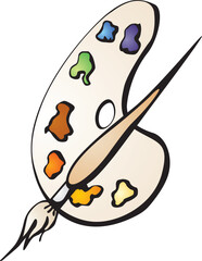 Painting palette with paints and a brush for the artist in the process of painting
