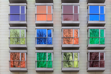 Fototapeta na wymiar The colored windows of Hesperia Hotel Bilbao, Bilbao, Spain
