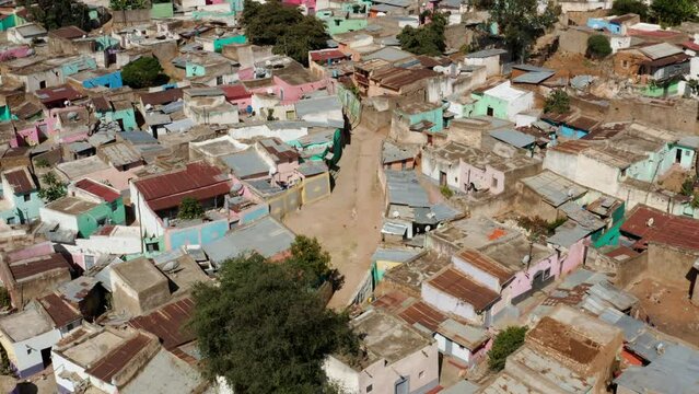 Fly Over Harar Ol Town With Compacted Structures In Ethiopia During Summer. Aerial Drone Shot