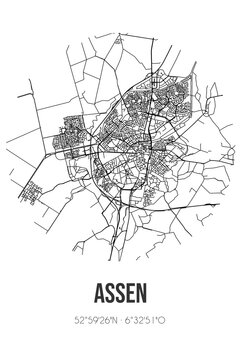 Abstract street map of Assen located in Drenthe municipality of Assen. City map with lines