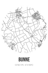 Abstract street map of Bunne located in Drenthe municipality of Tynaarlo. City map with lines