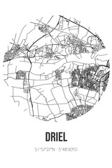 Abstract street map of Driel located in Gelderland municipality of Overbetuwe. City map with lines