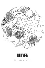 Abstract street map of Duiven located in Gelderland municipality of Duiven. City map with lines