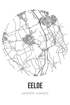 Abstract street map of Eelde located in Drenthe municipality of Tynaarlo. City map with lines