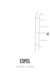 Abstract street map of Espel located in Flevoland municipality of Noordoostpolder. City map with lines