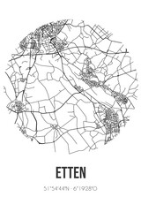 Abstract street map of Etten located in Gelderland municipality of Oude IJsselstreek. City map with lines