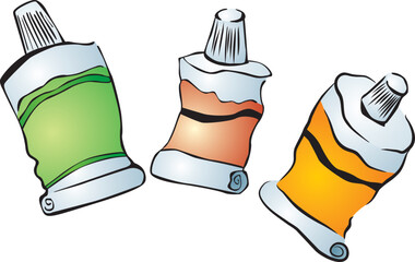 A set of three tubes of paints partially squeezed out after painting the picture
