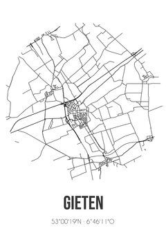 Abstract street map of Gieten located in Drenthe municipality of Aa en Hunze. City map with lines