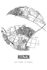 Abstract street map of Huizen located in Noord-Holland municipality of Huizen. City map with lines