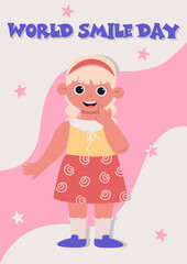 World smile day card with little smiling girl. Vector graphic.