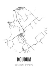 Abstract street map of Koudum located in Fryslan municipality of Sudwest-Fryslan. City map with lines
