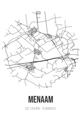 Abstract street map of Menaam located in Fryslan municipality of Waadhoeke. City map with lines