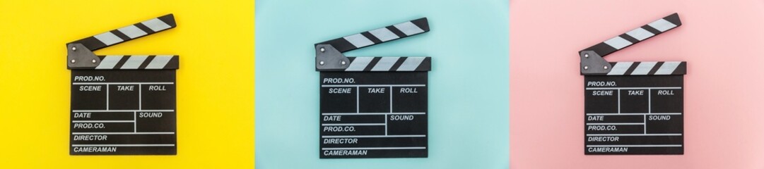 Fototapeta na wymiar Filmmaker profession. Classic director empty film making clapperboard or movie slate Isolated on colourful yellow blue pink background. Video production film cinema industry concept. Banner mock up