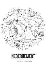 Abstract street map of Nederhemert located in Gelderland municipality of Zaltbommel. City map with lines