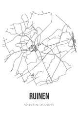 Abstract street map of Ruinen located in Drenthe municipality of De Wolden. City map with lines