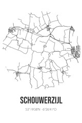 Abstract street map of Schouwerzijl located in Groningen municipality of Het Hogeland. City map with lines