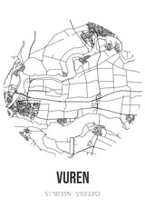 Abstract street map of Vuren located in Gelderland municipality of West Betuwe. City map with lines