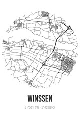 Abstract street map of Winssen located in Gelderland municipality of Beuningen. City map with lines