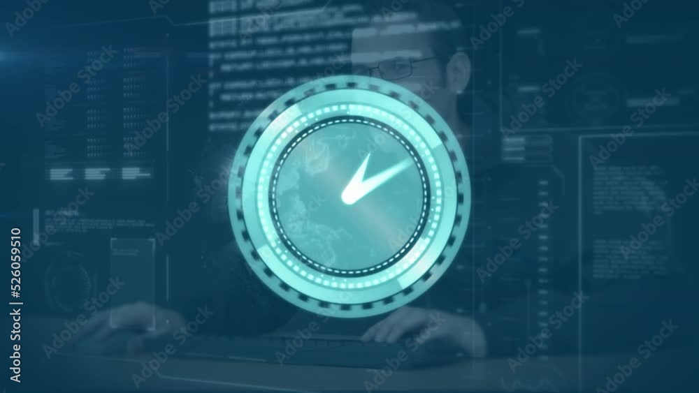 Poster animation of clock moving over world map over man using interface