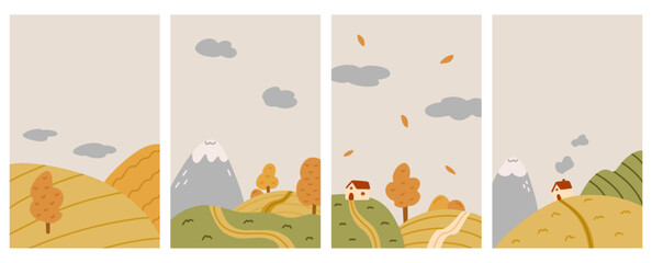 Autumn views, landscape, outdoor concept art. Cute vertical illustrations of hills, mountains, houses, fields and trees. Fall season, autumnal weather. Vector posters, wallpapers, backgrounds. 