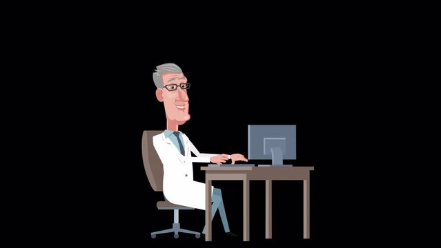 Cartoon male elderly gray-haired doctor character working with computer at workplace animation with alpha channel