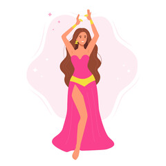 Obraz na płótnie Canvas Belly dancer woman in oriental dress with long hairs. Professional arabian dance perfomance by young beautiful girl. Female sensuality body in turkish ethnisity costum. Isolated vector illustration of