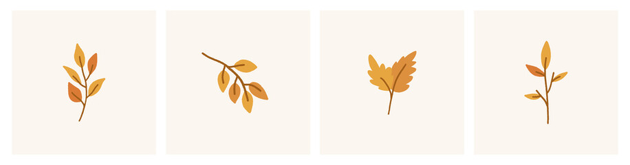 Collection of different autumn tree branches. Fall season elements. Vector hand drawn illustration. 