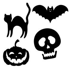 halloween doodle vector set, black cat, skull, bat, pumpkin