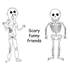 Skeleton and Zombie doodle Halloween illustration, vector icon
