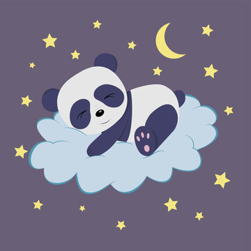 A cartoon panda is sleeping on a cloud among the stars in vector illustration