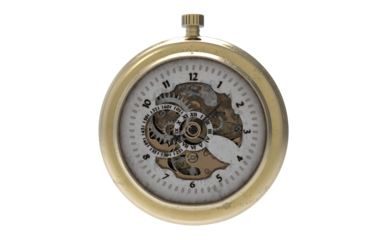 antique golden hand clock with visible mechanical system on a white background