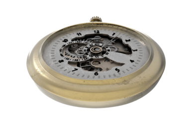 antique golden hand clock with visible mechanical system on a white background