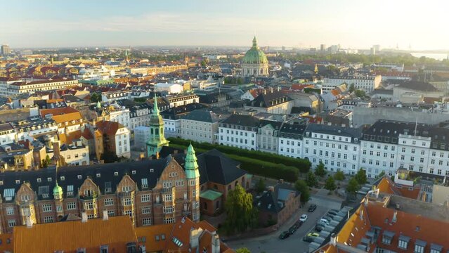 Beautiful Aerial Forward Shot Reveals Frederik's Church in Copenhagen, Denmark at Sunrise. Amazing Golden Hour Light