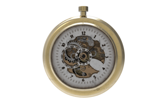 antique golden hand clock with visible mechanical system on a white background