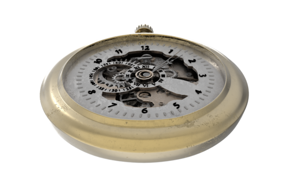 antique golden hand clock with visible mechanical system on a white background