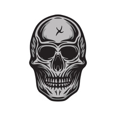 Vintage retro scary skull. Can be used like emblem, logo, badge, label. mark, poster or print. Monochrome Graphic Art. Vector. Hand drawn element in engraving style.