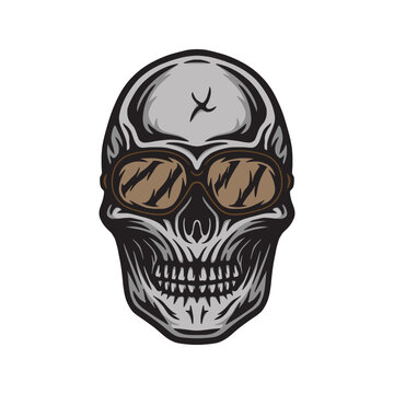 Vintage retro mechanic woodwork skull. Can be used like emblem, logo, badge, label. mark, poster or print. Monochrome Graphic Art. Vector. Hand drawn element in engraving style.
