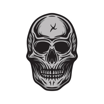 Vintage retro scary skull. Can be used like emblem, logo, badge, label. mark, poster or print. Monochrome Graphic Art. Vector. Hand drawn element in engraving style.