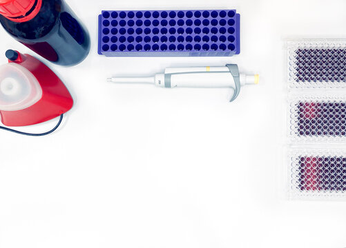Items used in a biological laboratory or drug discovery facility for conducting biochemical and cell-based research. Objects include pipets, 96-well plates and plasticware.  