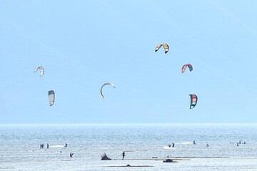 Kitesurfing on the beach near Neretva river mouth in Croatia