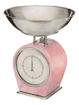 recommend clip art: Pink kitchen scale painted in watercolor. Vintage kitchen utensils for menu design and design, cafe, logo. High quality illustration