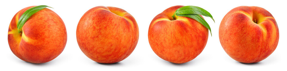 Peach isolated. Peach set with leaves on white background. Collection with clipping path. Full...