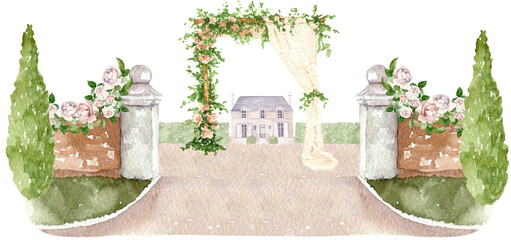 Watercolor wedding arch landscape, wedding venue village design, manor house, rustic wedding, invitation background, vintage architecture, arches, garden, greenery, flowers