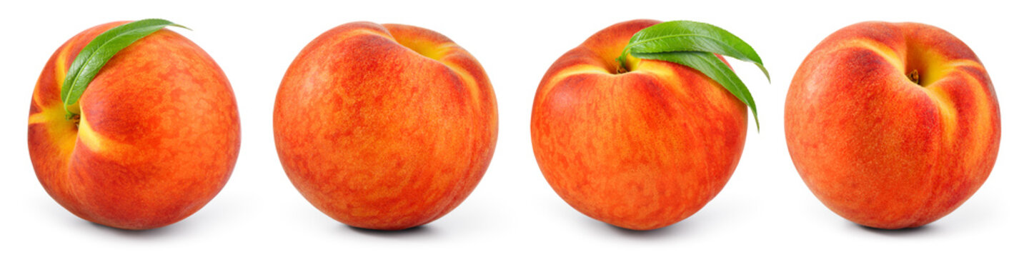 Peach isolated. Peach set with leaves on white background. Collection with clipping path. Full depth of field.