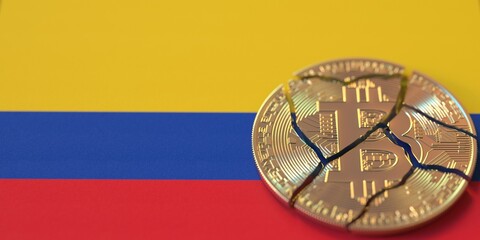 Flag of Colombia and destroyed bitcoin. Cryptocurrency ban or restrictions related 3d rendering