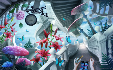 a fantastic landscape with surreal ladders , clocks, magic mushrooms. Blue butterflies fly over beautiful flowers. The hands hold the potion and the key. Go to wonderland - obrazy, fototapety, plakaty