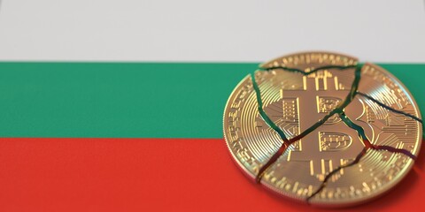 Flag of Bulgaria and destroyed bitcoin. Cryptocurrency ban or restrictions related 3d rendering