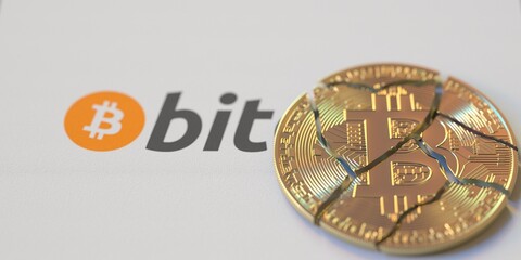 Flag with Bitcoin sign and destroyed bitcoin. Cryptocurrency ban or restrictions related 3d rendering