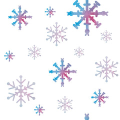 watercolor seamless pattern with pink, purple, blue snowflakes. Snowfall, winter, Christmas, New Year. For decoration,design. For printing on paper, textiles. Isolated elements on white background.